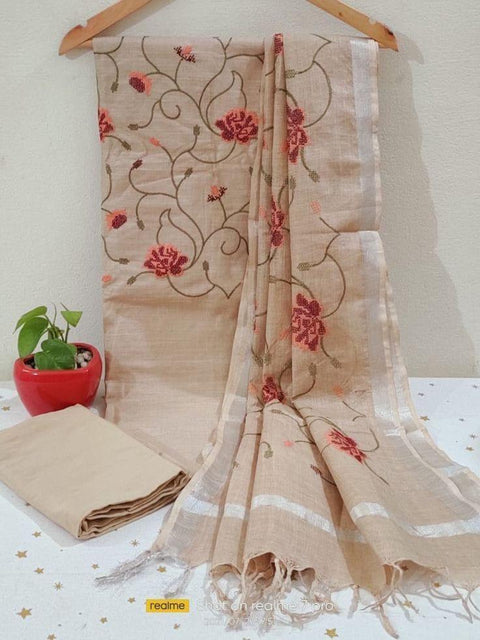 Linen Cotton Dress Material - Beige - Trend In Need