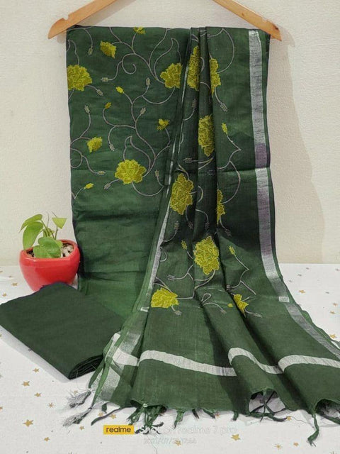Linen Cotton Dress Material - Green - Trend In Need