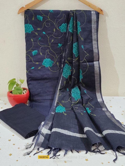 Linen Cotton Dress Material - Navy Blue - Trend In Need