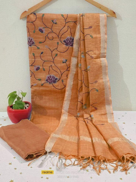 Linen Cotton Dress Material - Orange - Trend In Need