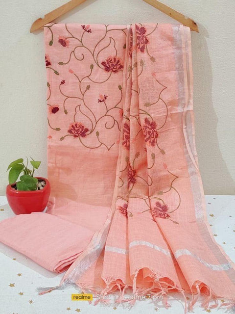 Linen Cotton Dress Material - Pink - Trend In Need