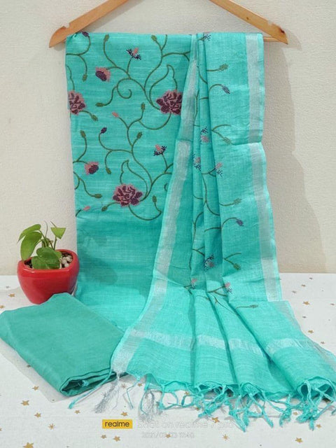 Linen Cotton Dress Material - Sky Blue - Trend In Need
