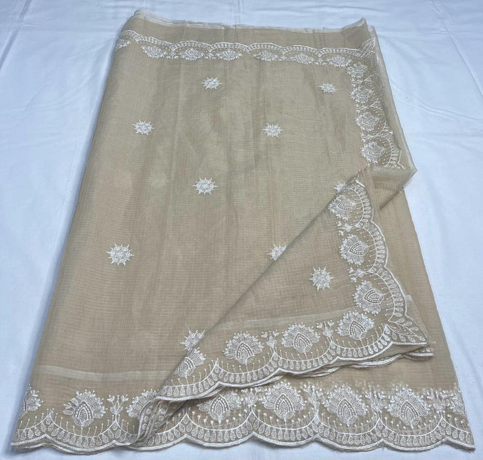 Machine Embroidered Kota Doria Cotton Saree - Beige Color