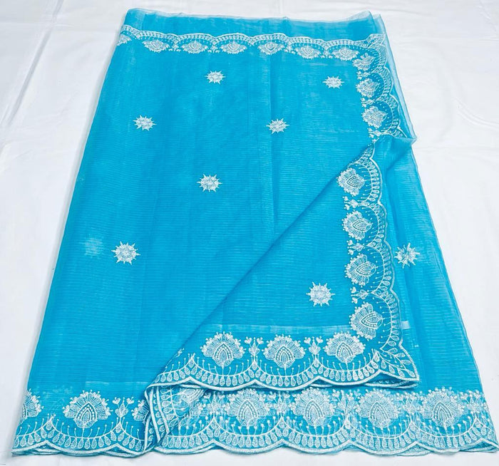 Machine Embroidered Kota Doria Cotton Saree - Blue Color