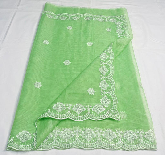 Machine Embroidered Kota Doria Cotton Saree - Green Color