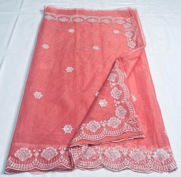 Machine Embroidered Kota Doria Cotton Saree - Peach Color