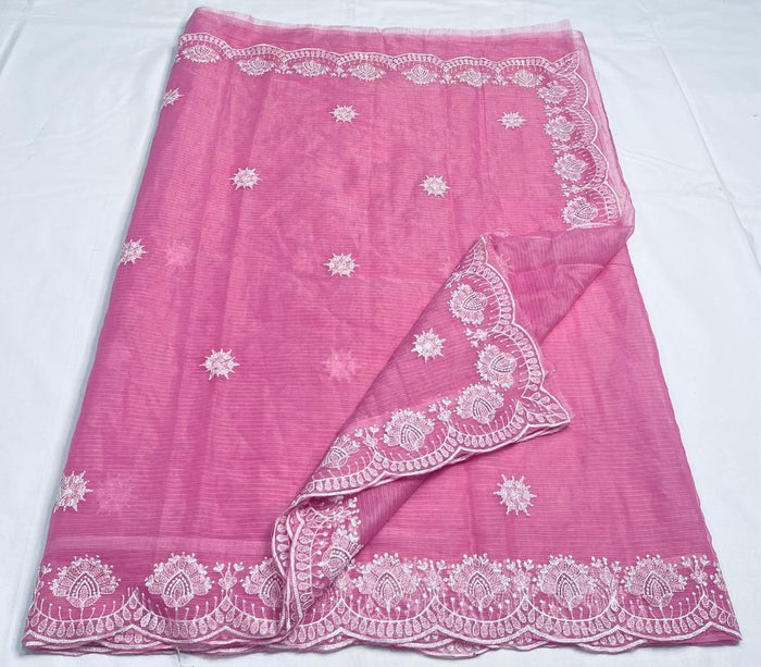 Machine Embroidered Kota Doria Cotton Saree - Pink Color