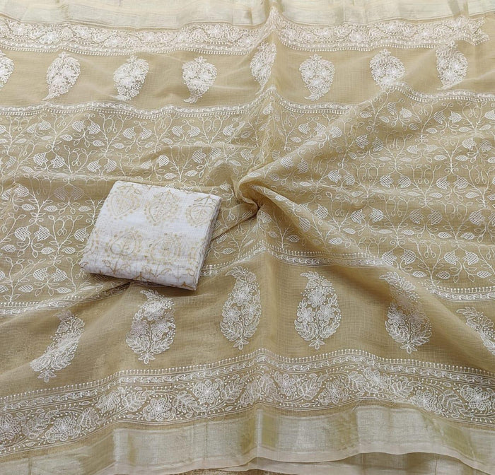 Machine Embroidered Kota Doria Saree -Beige Color