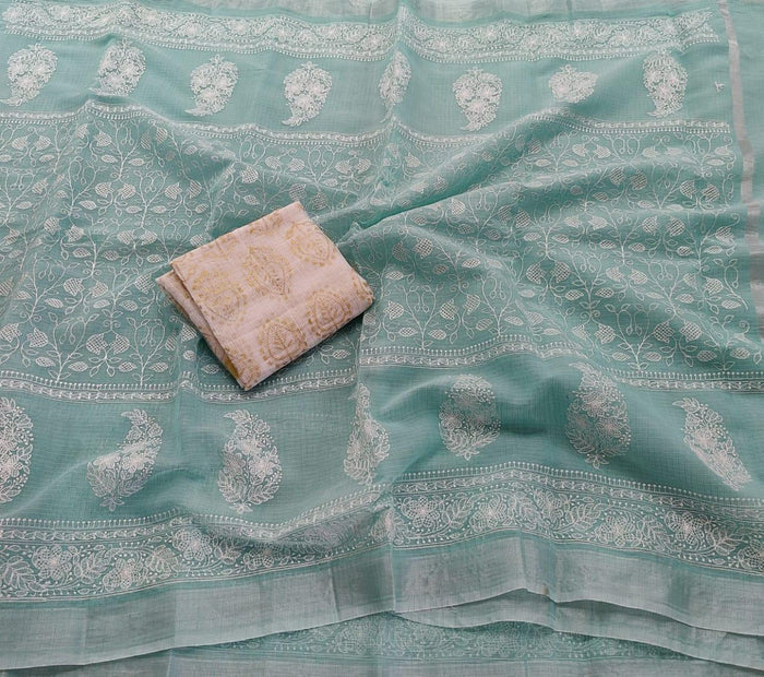 Machine Embroidered Kota Doria Saree - Blue Color