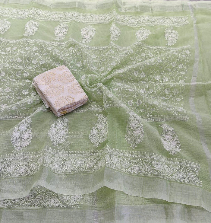 Machine Embroidered Kota Doria Saree - Green Color