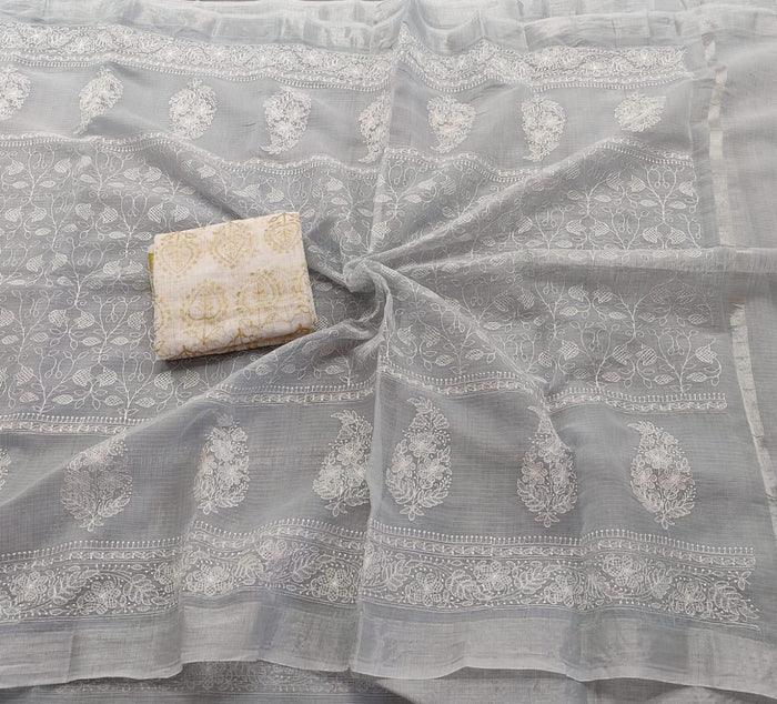 Machine Embroidered Kota Doria Saree - Grey Color