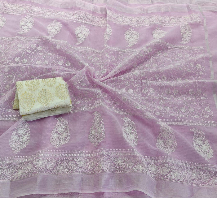 Machine Embroidered Kota Doria Saree - Lavender Color