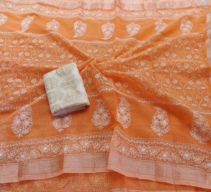 Machine Embroidered Kota Doria Saree - Orange Color