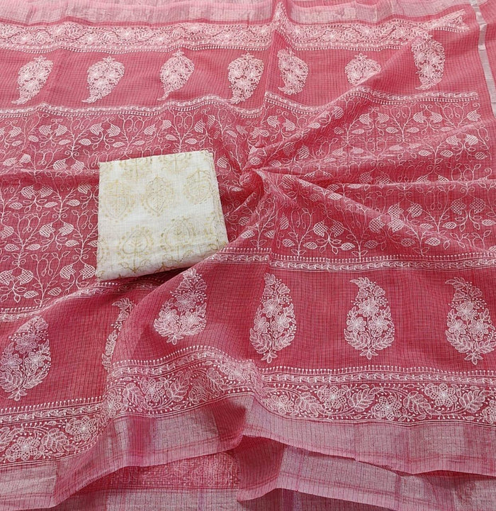 Machine Embroidered Kota Doria Saree - Pink Color