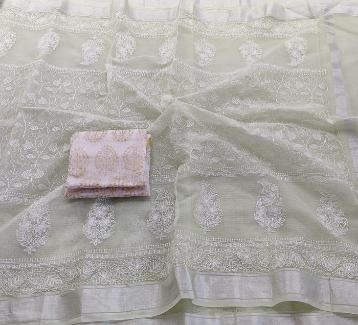 Machine Embroidered Kota Doria Saree - Pista Green Color