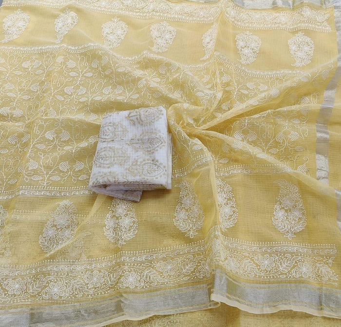 Machine Embroidered Kota Doria Saree - Yellow Color
