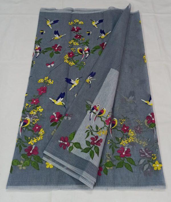 Kota Doria Cotton Saree With Embroidery - Grey