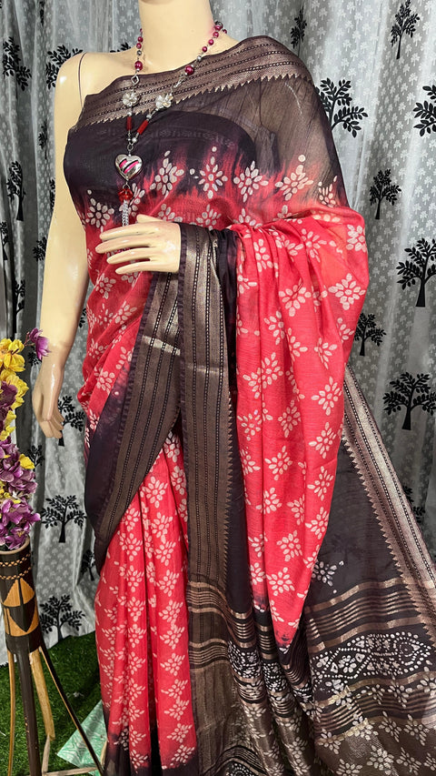 Maheshwari Border Kota Cotton Batik Print Silk Saree - Black - Trend In Need
