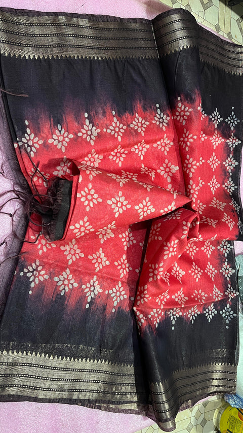Maheshwari Border Kota Cotton Batik Print Silk Saree - Black - Trend In Need