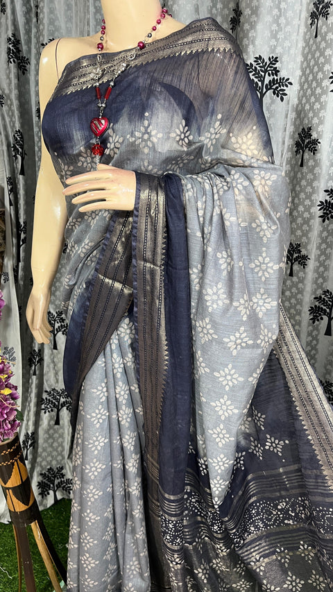 Maheshwari Border Kota Cotton Batik Print Silk Saree - Grey - Trend In Need