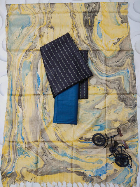 Marble Print Cotton Silk Salwar Suit - Black & Navy Blue - Trend In Need