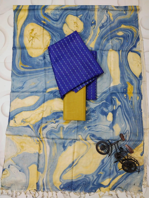 Marble Print Cotton Silk Salwar Suit - Blue & Yellow - Trend In Need