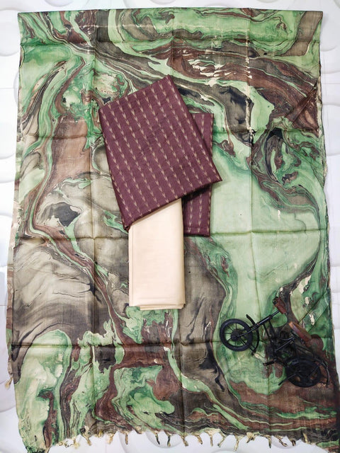 Marble Print Cotton Silk Salwar Suit - Brown & Cream - Trend In Need