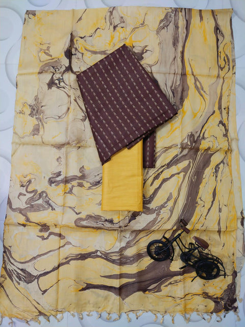 Marble Print Cotton Silk Salwar Suit - Brown & Yellow - Trend In Need