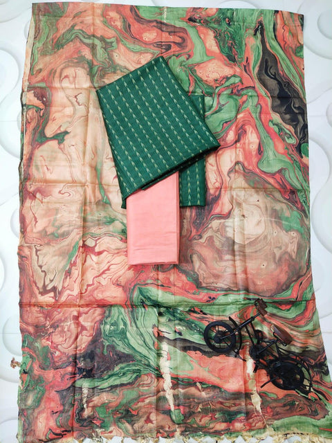 Marble Print Cotton Silk Salwar Suit - Green & Pink - Trend In Need