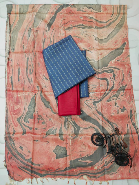 Marble Print Cotton Silk Salwar Suit - Navy Blue & Red - Trend In Need