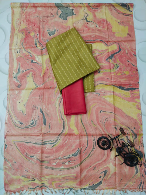 Marble Print Cotton Silk Salwar Suit - Olive & Red - Trend In Need