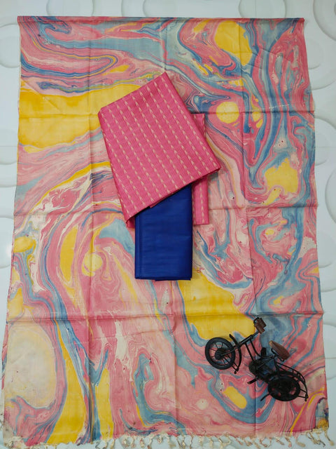 Marble Print Cotton Silk Salwar Suit - Pink & Navy Blue - Trend In Need