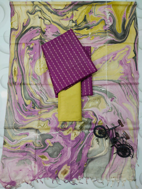 Marble Print Cotton Silk Salwar Suit - Purple & Yellow - Trend In Need