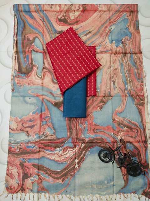Marble Print Cotton Silk Salwar Suit - Red & Blue - Trend In Need