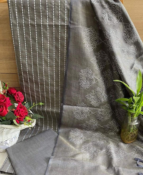 Matka Cotton Embroidered Suits - Grey - Trend In Need