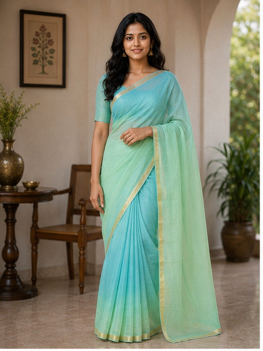 Pure Cotton Plain Kota Double Color Saree -Green & Sea Green Color
