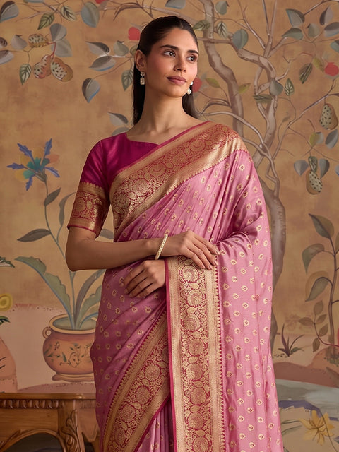 Light Pink Silk Floral Buti Woven Saree with Magenta Pallu