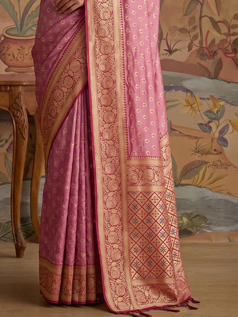 Light Pink Silk Floral Buti Woven Saree with Magenta Pallu