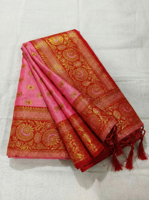 Light Pink Silk Floral Buti Woven Saree with Magenta Pallu