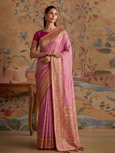 Light Pink Silk Floral Buti Woven Saree with Magenta Pallu