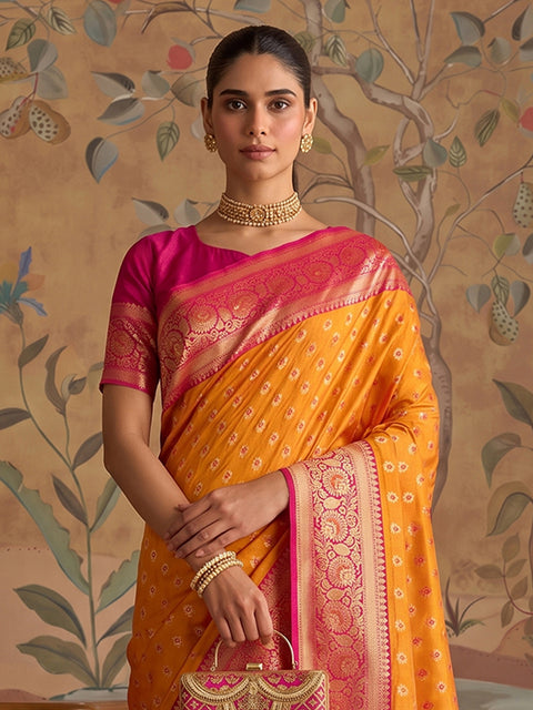 Mustard Silk Floral Buti Woven Saree with Pink Pallu