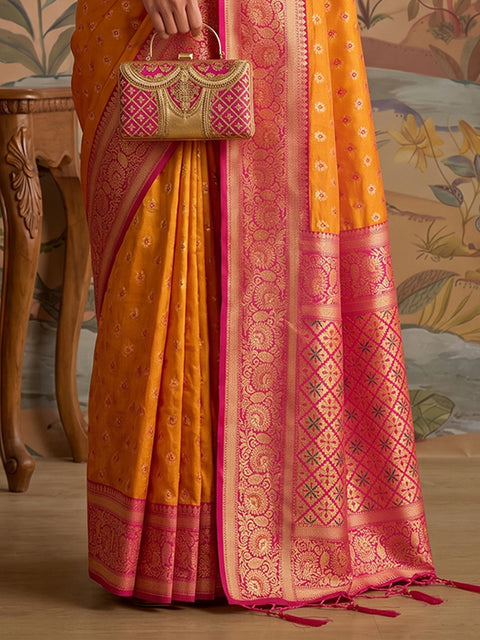 Mustard Silk Floral Buti Woven Saree with Pink Pallu