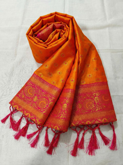 Mustard Silk Floral Buti Woven Saree with Pink Pallu