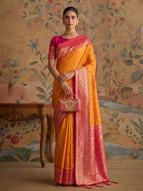 Mustard Silk Floral Buti Woven Saree with Pink Pallu