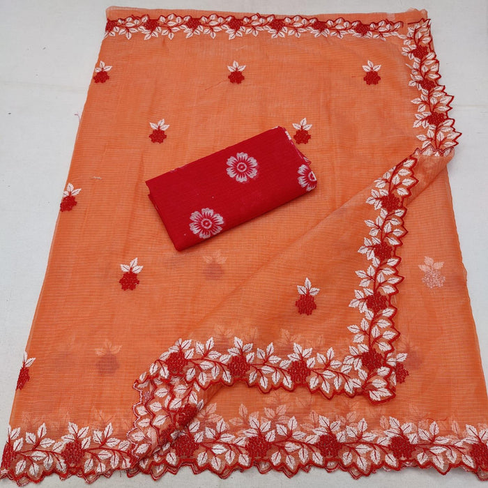 Embroidered Kota Cotton Saree - Peach Color