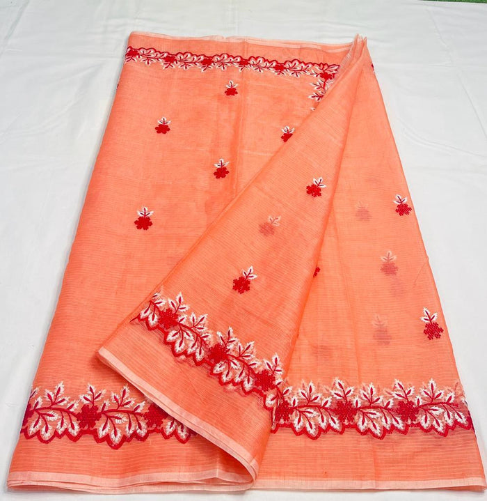 Peach Color Kota Cotton Sarees With Embroidery Work