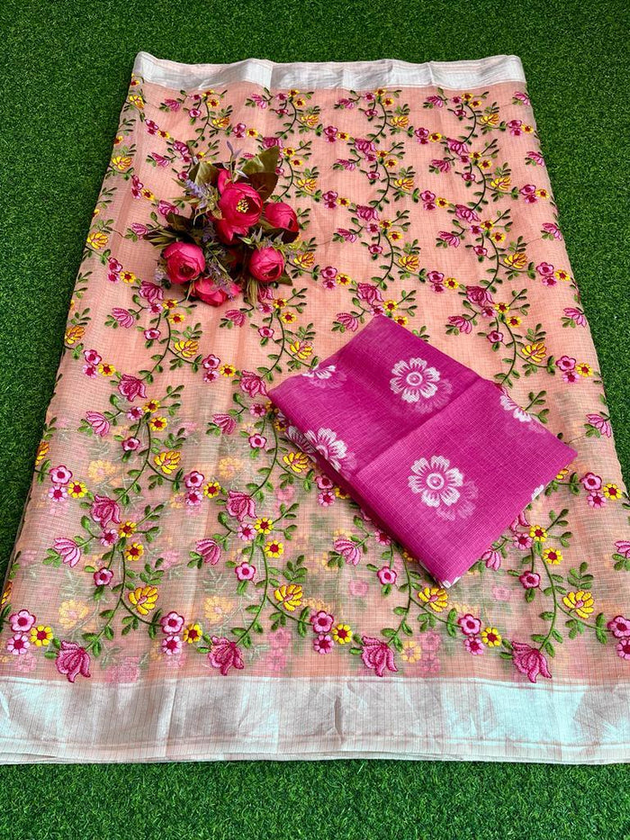 Peach Color Kota Doria Embroidery Saree