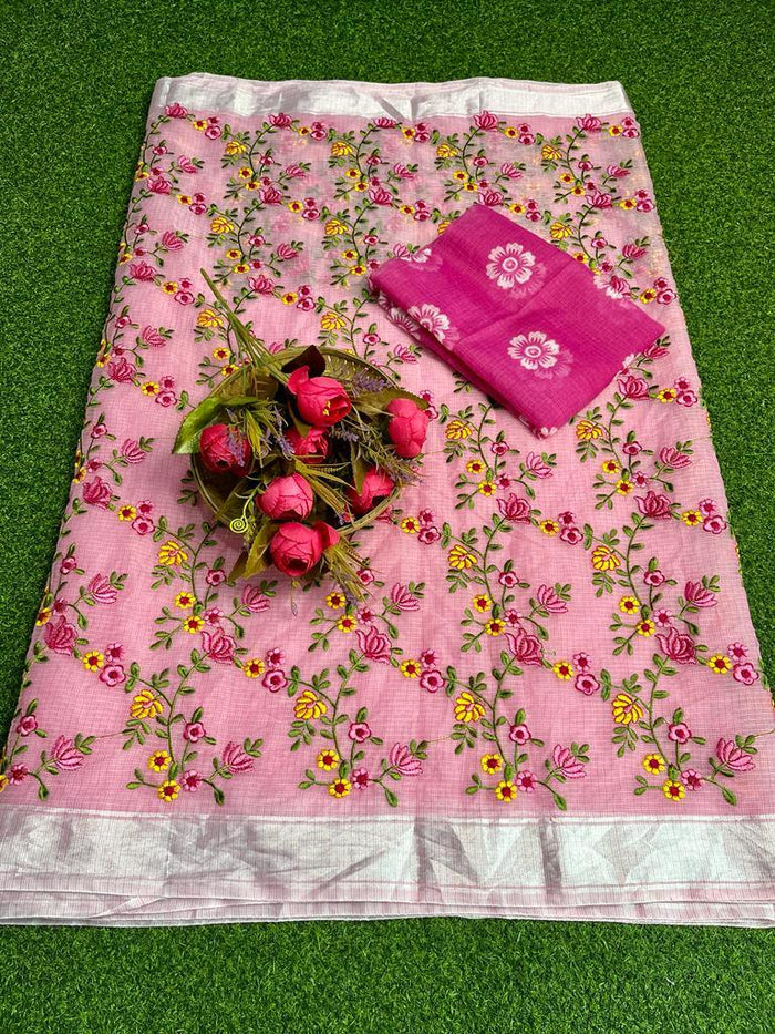 Pink Color Kota Doria Embroidery Saree