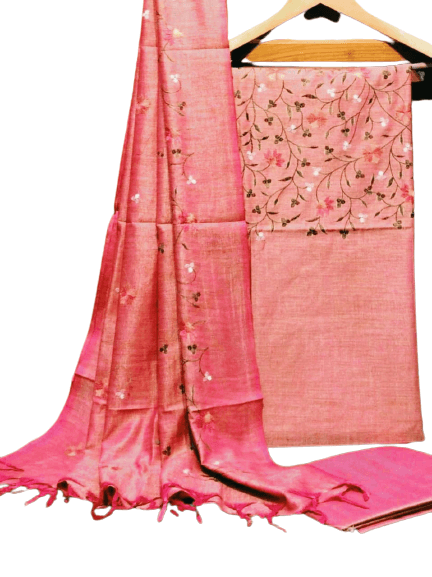 Pink Color Matka Cotton Embroidered Dress Material - Trend In Need