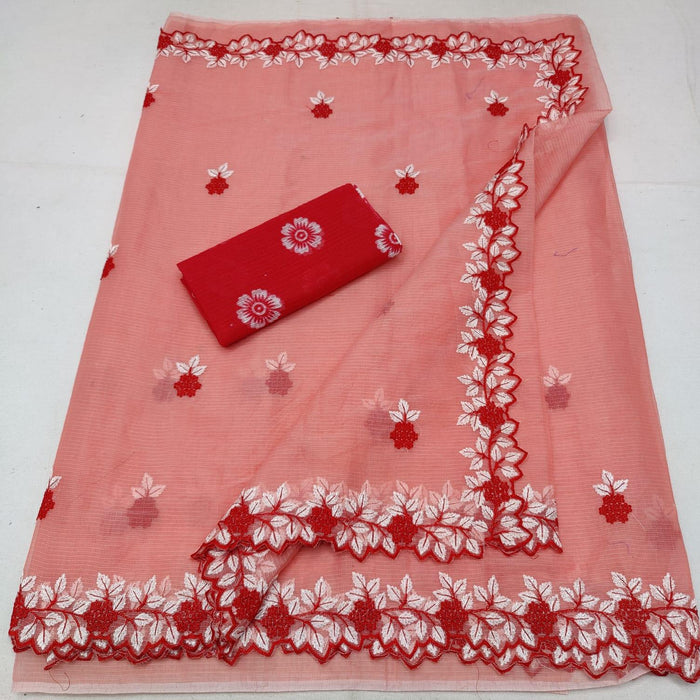Embroidered Kota Cotton Saree - Pink Color
